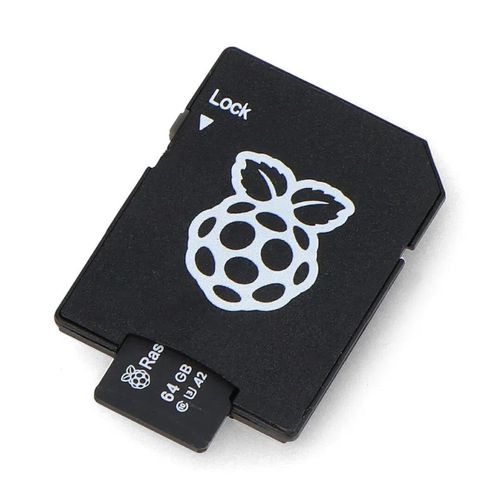 Raspberry microSD 64GB 100MB/s Class A2 memory card with Raspberry Pi OS - with adapter and case included RPI-25742