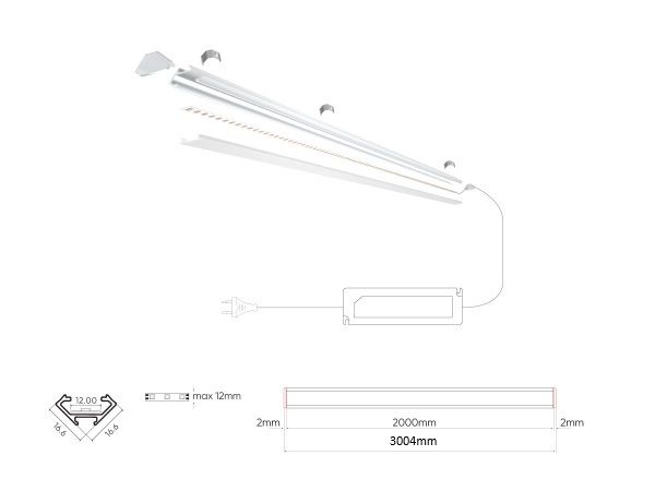 LED profilio komplektas, 3m, kampinis, anoduotas, su baltu dangteliu, laikikliais ir aklėmis 218024 5905378218024