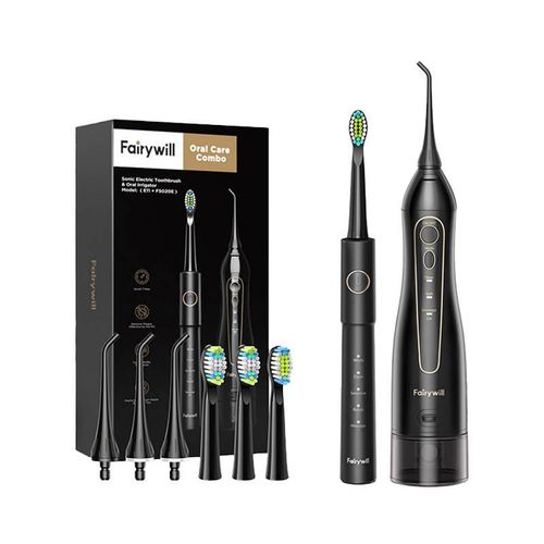 Sonic toothbrush with tip set and water fosser FairyWill FW-5020E + FW-E11 (black), FairyWill FW-5020E + FW-E11