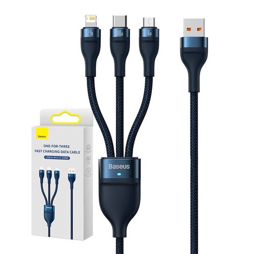 3in1 USB cable Baseus Flash Series, USB-C + micro USB + Lightning, 100W, 1.2m (blue), Baseus CASS030003