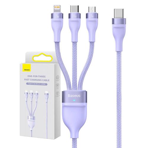 3in1 USB cable Baseus Flash Series 2, USB-C + micro USB + Lightning, 100W, 1.5m (purple), Baseus CASS030205