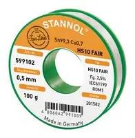 SOLDER WIRE, 99.3/0.7 SN/CU, 100G HS10 FAIR, 0.5MM, 100G