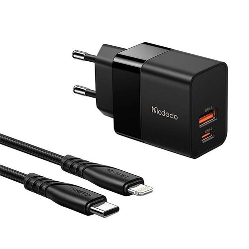 Wall charger Mcdodo CH-1952 USB + USB-C, 20W + USB-C to Lightning cable (black), Mcdodo CH-1952