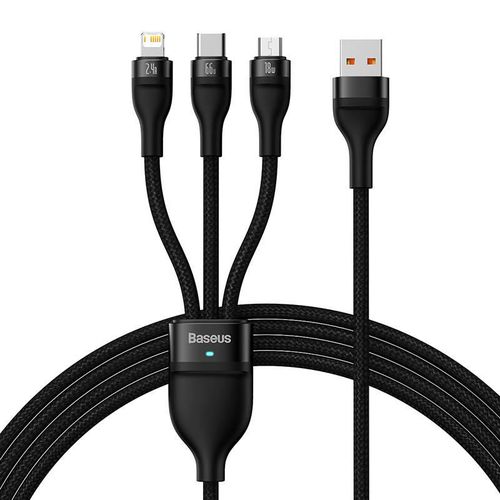 3in1 USB cable Baseus Flash II Series, USB-C + micro USB + Lightning, 66W, 1.2m (Black), Baseus CASS040001