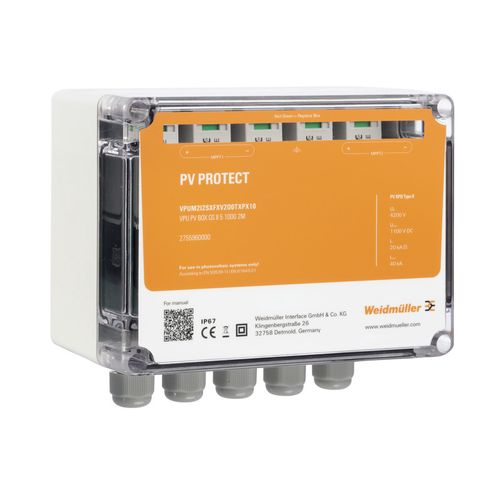 Surge voltage arrester (DC Systems), Amount of Maximum Power Point Tracking: 2, Number of string Inputs per MPPT: 1, Type I/II, 1000 V, PUSH IN with a Weidmuller 2755980000