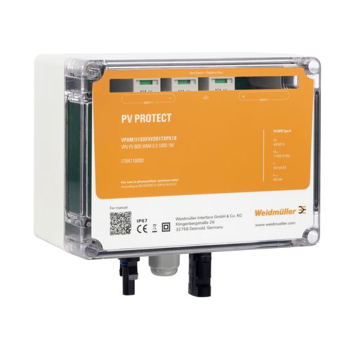 Surge voltage arrester (DC Systems), Amount of Maximum Power Point Tracking: 1, Number of string Inputs per MPPT: 1, Type I/II, 1000 V, WM4C plug-in c Weidmuller 2764140000