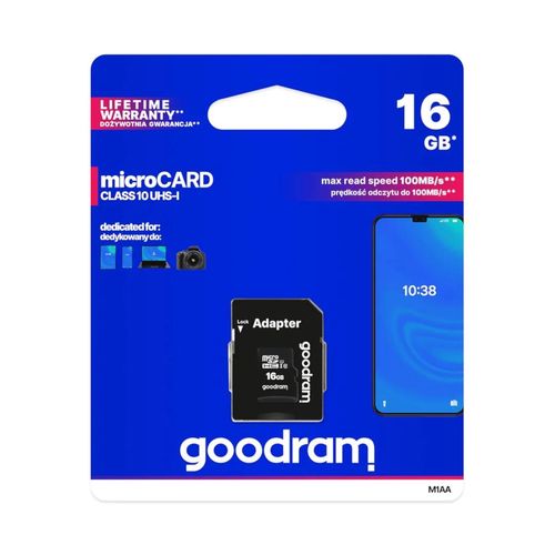 Memory card M1AA Goodram microSD 16GB 100MB/s UHS-I class 10 with adapter KAP-02123 5908267930137