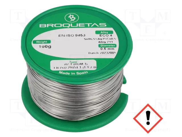 Tin; lead free; Sn96,5Ag3Cu0,5; 0.5mm; 0.1kg; reel; 217÷220°C BROQUETAS ECO4-05/01H