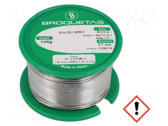 Tin; lead free; Sn96,5Ag3Cu0,5; 0.7mm; 0.1kg; reel; 217÷220°C BROQUETAS ECO4-07/01H