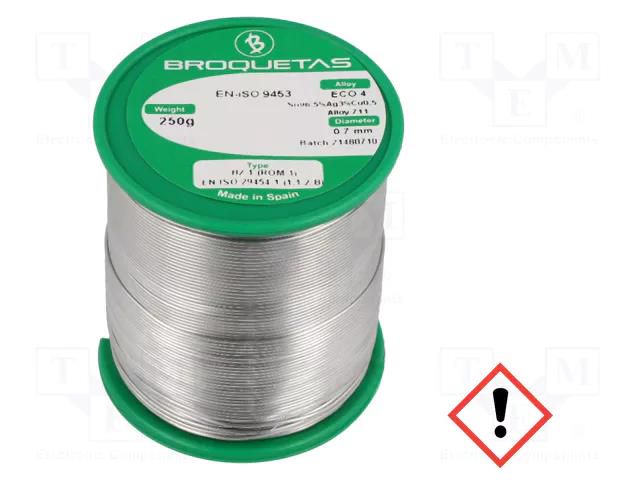 Tin; lead free; Sn96,5Ag3Cu0,5; 0.7mm; 0.25kg; reel; 217÷220°C BROQUETAS ECO4-07/025H