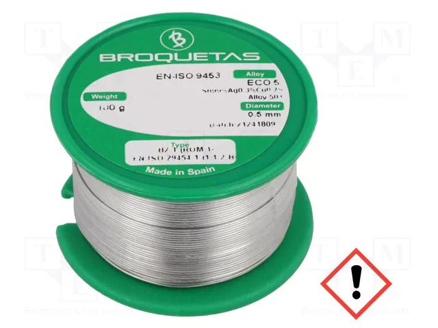 Tin; lead free; Sn99Ag0,3Cu0,7; 0.5mm; 0.1kg; reel; 217÷227°C BROQUETAS ECO5-05/01H