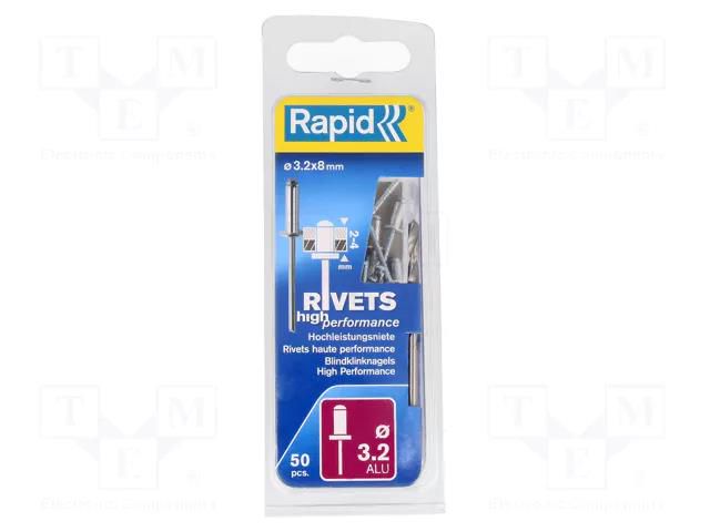 Rivet; aluminium alloy; Rivet diam: 3.2mm; L.rivet: 8mm; 50pcs. RAPID RAP-32/8