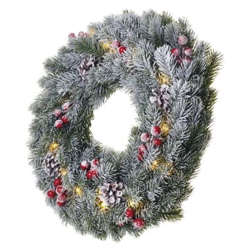 LED Christmas wreath, snowy, 38 cm, 2x AA, indoor, warm white, timer, EMOS DCTW06 8592920093580