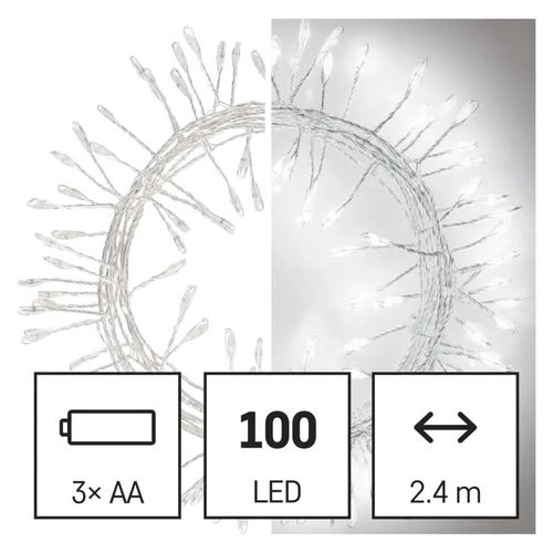 LED girlianda NANO, 4.5Vac (3xAA), 2.4m, 100 x LED, šaltai balta, su laikmačiu, EMOS D3FC01 8592920095287