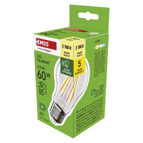 LED Bulb Filament A60 A CLASS / E27 / 3.8 W (60 W) / 806 lm / warm white, EMOS ZF5147 8592920120569