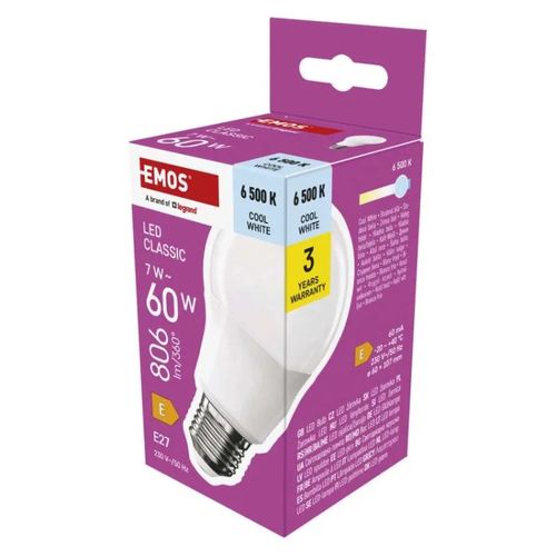LED Bulb Classic A60 / E27 / 7 W (60 W) / 806 lm / Cool White, EMOS ZQ5E44 8592920126509