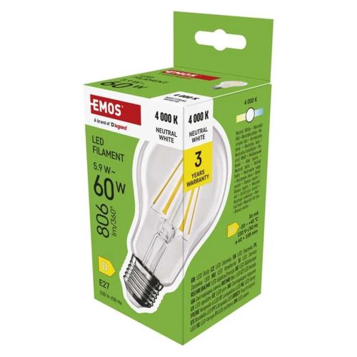 LED Bulb Filament A60 / E27 / 5.9 W (60 W) / 806 lm / Neutral White, EMOS ZF5D43 8592920129807