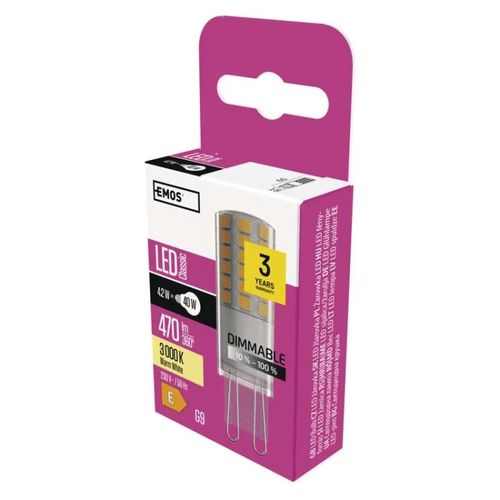 LED Bulb Classic JC / G9 / 4,2 W (40 W) / 470 lm / warm white / dimmable, EMOS ZQ9125D 8592920125328