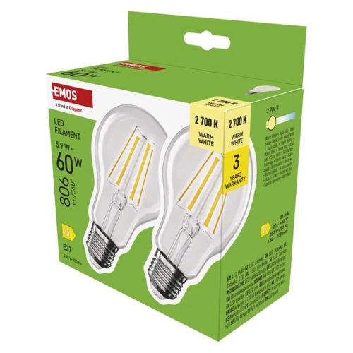 LED Bulb Filament A60 / E27 / 5.9 W (60 W) / 806 lm / Warm white, EMOS ZF5D42.2