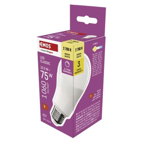 LED Bulb Classic A60 / E27 / 10.5 W (75 W) / 1 060 lm / warm white / dimmable, EMOS ZL4206 8592920044360