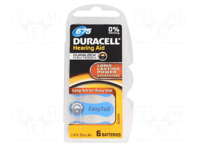 Battery: zinc air (ZnO2); AC675,coin,R1154; 1.4V; 600mAh; 6pcs. DURACELL BAT-DR675ET/6