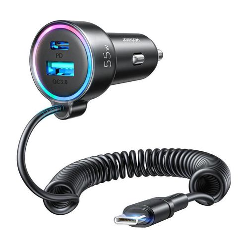 Car charger Joyroom JR-CL07, 3-in-1, 1x USB + 1x PD, 55W + Type-C cable (black), Joyroom JR-CL07