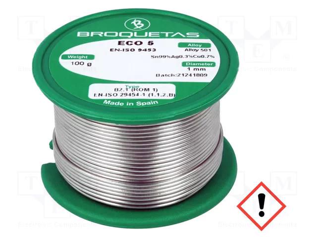 Tin; lead free; Sn99Ag0,3Cu0,7; 1mm; 0.1kg; reel; 217÷227°C BROQUETAS ECO5-10/01H