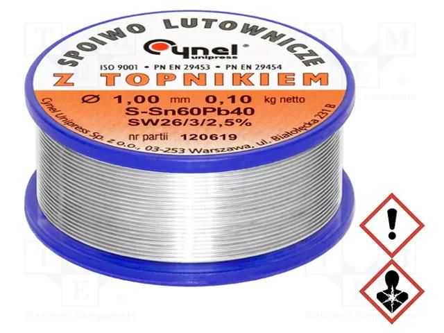 Tin; lead-based; Sn60Pb40; 1mm; 0.1kg; reel; 190°C; 2.5%; Flux: SW26 CYNEL LC60-1.00/0.1