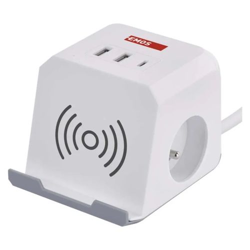 Extension power adaptor cube 2 m / 2 sockets / white / 2×USB-A + 1×USB-C+Qi / 1,5 mm2, EMOS P0212CQ 8592920132807