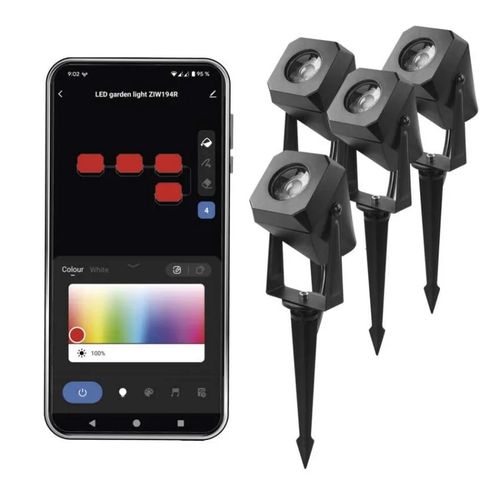 GoSmart outdoor LED spotlight, starter kit, 4 pieces, 7 W, RGBIC dimmable, WiFi, EMOS ZIW194R 8592920136898