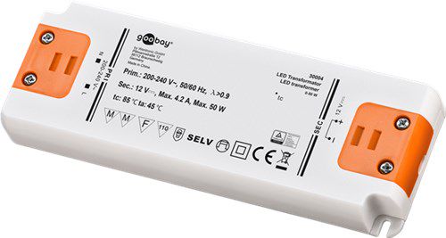 LED Transformer 12 V (DC)/50 W, white-orange - for LEDs up to 50 W total load and direct voltage of 12 V (DC) 30004