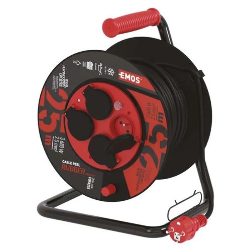 Rubber Extension Cord Reel 25 m / 4 sockets / black / rubber-neoprene / 230V / 2,5mm2, EMOS P084253 8592920036716