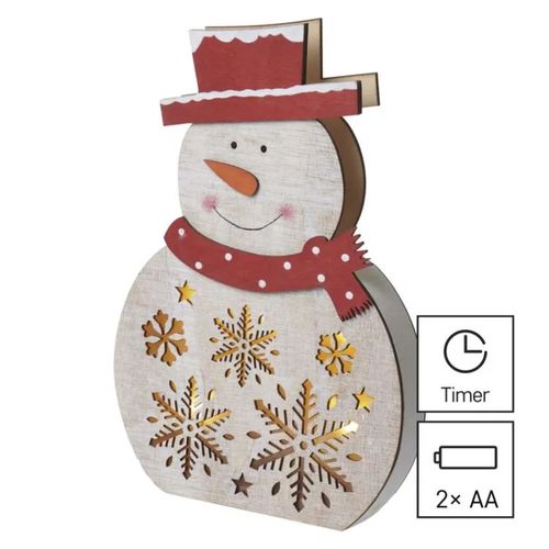 LED Christmas snowman, wooden, 30 cm, 2x AAA, indoor, warm white, timer, EMOS DCWW07 8592920093559