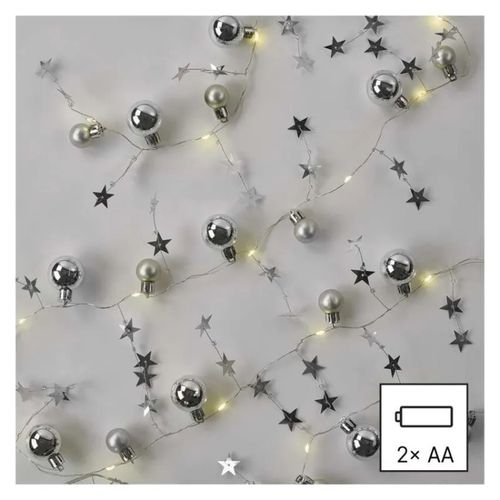 LED Christmas garland – silver spheres with stars, 1.9 m, 2x AA, indoor, warm white, timer, EMOS DCGW10 8592920111345