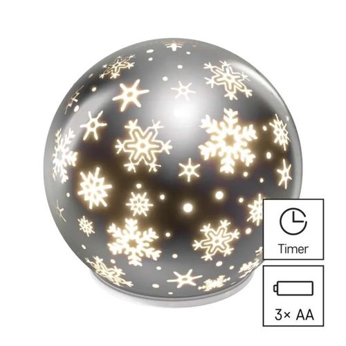 LED Christmas glass bauble – snowflakes,12 cm, 3x AA, indoor, warm white, timer, EMOS DCLW28 8592920122068