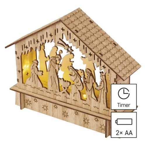 LED Christmas nativity scene, wooden, 15 cm, 2x AA, indoor, warm white, timer, EMOS DCWW34 8592920122044