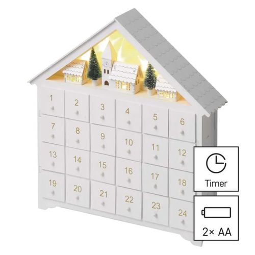 LED Advent calendar, wooden, 35x33 cm, 2x AA, indoor, warm white, timer, EMOS DCWW02 8592920093368