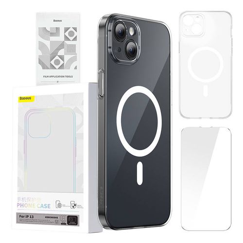 Phone case Baseus Magnetic Crystal Clear for iPhone 13 (transparent) with all-tempered-glass screen protector and cleaning kit, Baseus ARSJ010602