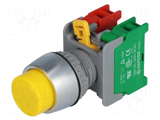 Switch: push-button; 22mm; Stabl.pos: 1; NC + NO; yellow; none; IP65 AUSPICIOUS PBL22-1-O/C-Y