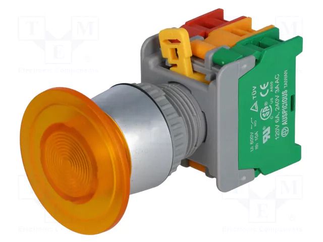 Switch: push-button; 22mm; Stabl.pos: 1; NC + NO; yellow; 3A/230VAC AUSPICIOUS EBL22-1-O/C-Y
