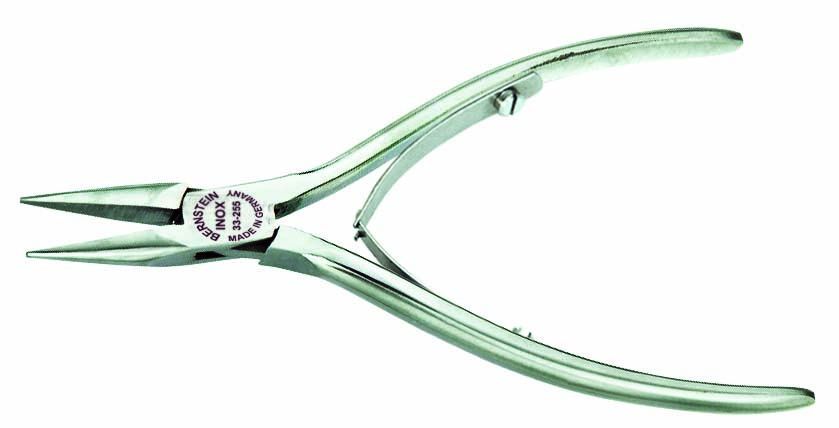 INOX high-grade snipe nose pliers, 120 mm, straight, short plain jaws, with screwed stainless double leaf spring 33-255