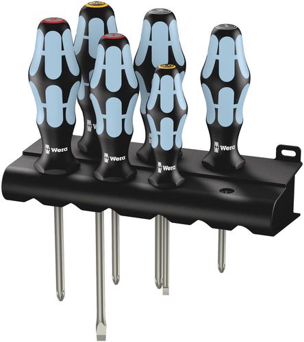 3334/3350/3355/6 Screwdriver set, stainless and rack, 1 x PH 1x80; 1 x PH 2x100; 1 x PZ 1x80; 1 x PZ 2x100; 1 x 0.5x3.0x80; 1 x 1.2x6.5x150, Wera 05032063001