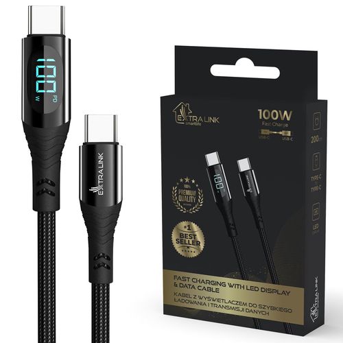 Extralink Smart Life USB Type-C to Type-C Cable Braided Black with LED display | USB-C Cable | 100W, 200cm, EXTRALINK CABESL04 5906168630415