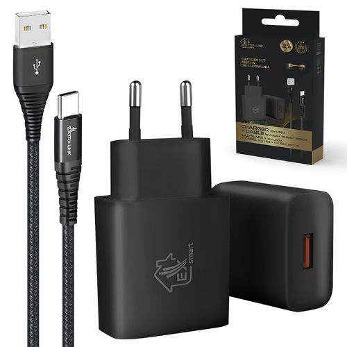 Extralink Smart Life | USB Type-A to Type-C cable set, 200cm, Black + 12W charger | Black, EXTRALINK CAB-CHAR-SET01 5906168634291