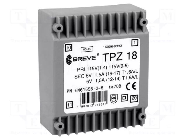 Transformer: mains; 18VA; 115VAC,230VAC; 6V; 6V; 1.5A; PCB; IP00 BREVE TUFVASSONS TPZ18/2X6V