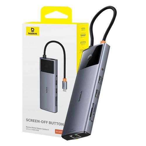 Hub 10in1 Baseus Metal Gleam II Series, USB-C to 1xHDMI, USB-A (10Gbps), USB-C, 2xUSB-A, Ethernet RJ45, SD/TF card, mini-jack 3,5mm, USB-C(PD), Baseus B00061800813-00