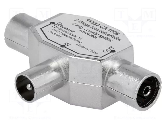 Splitter; coaxial 9.5mm socket x2,coaxial 9.5mm plug GOOBAY T-SPLIT-MFF