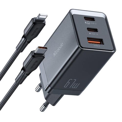 Mcdodo CH-1544 GaN wall charger, 2x USB-C, 1x USB, 67W + USB-C to USB-C cable (black), Mcdodo CH-1544