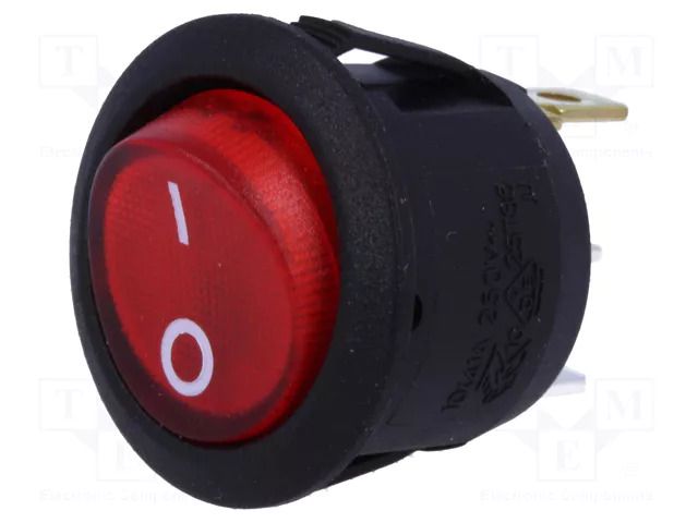 ROCKER; SPST; Pos: 2; OFF-(ON); 10A/250VAC; red; neon lamp; 230V SCI R13112BF02BR2N2