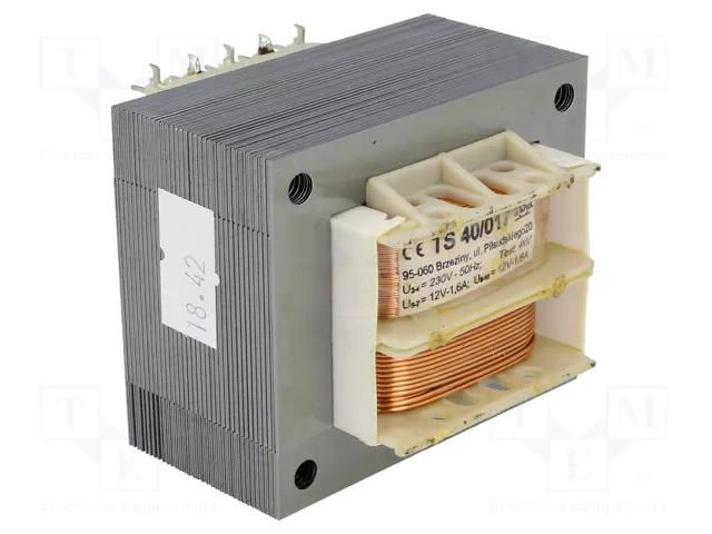 Transformer: mains; 40VA; 230VAC; 12V; 12V; 1.6A; 1.6A; screw type INDEL TS40/017